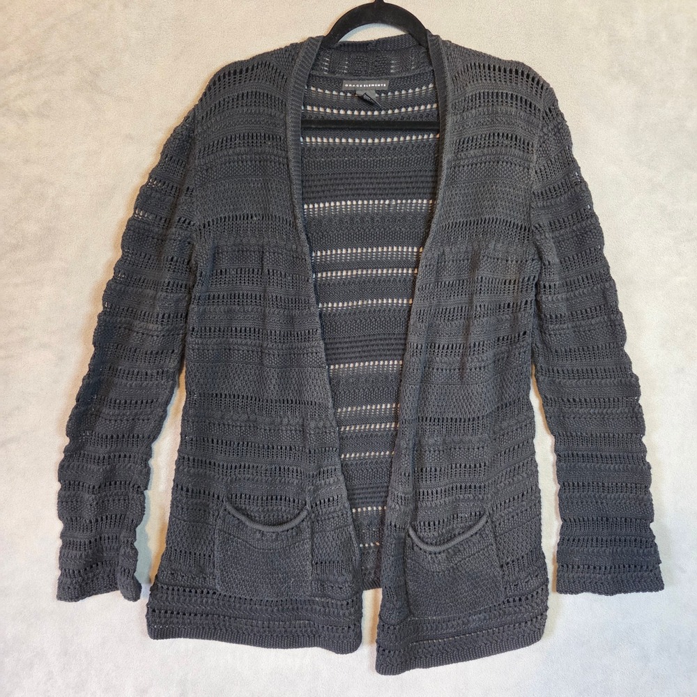 Grace Elements Open Front Cardigan Sweater Women's Medium Crochet Knit Cotton